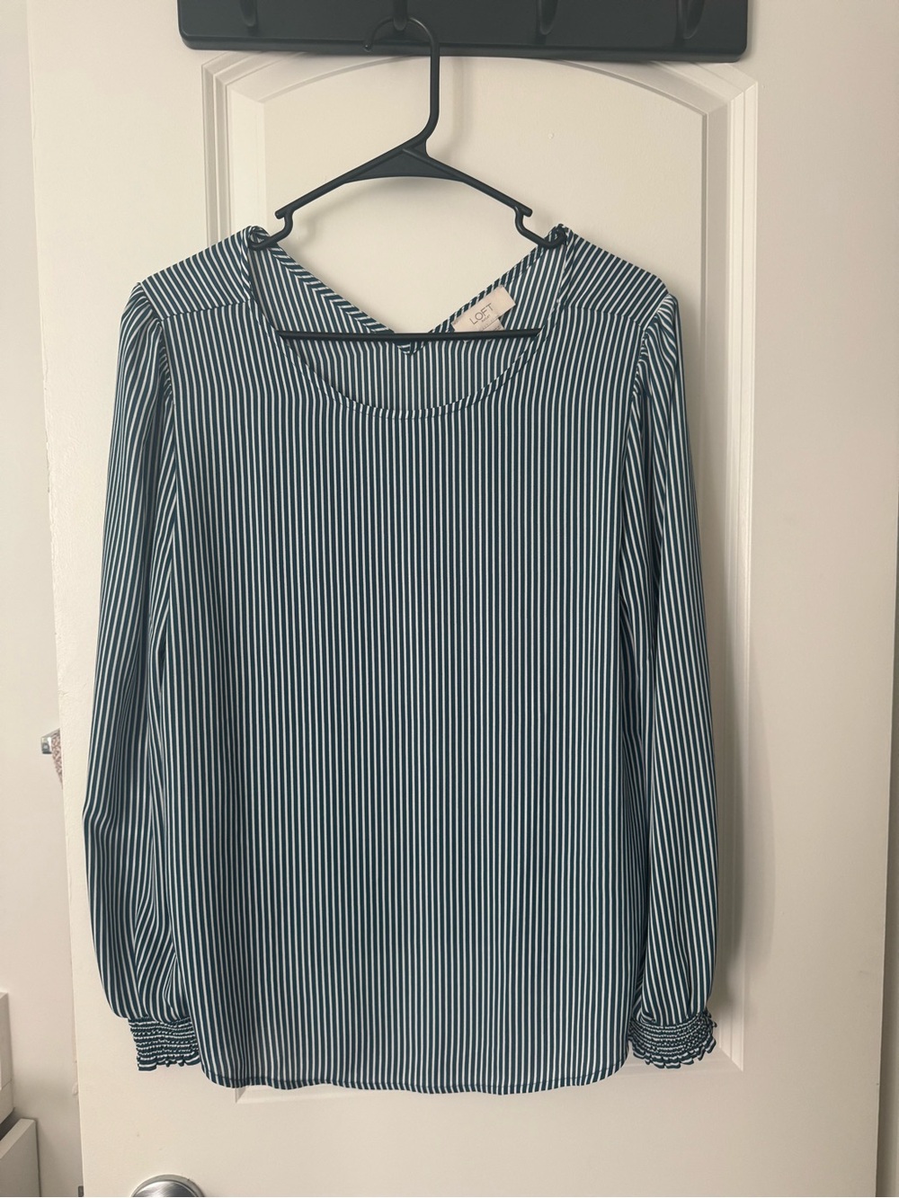 LOFT Blue and White Vertical-Stripe Long-Sleeve Blouse